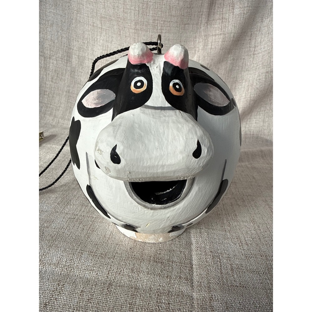 Whimsical Cow Birdhouse Hanging Hand Painted Holstein Farmhouse Garden Decor 7"